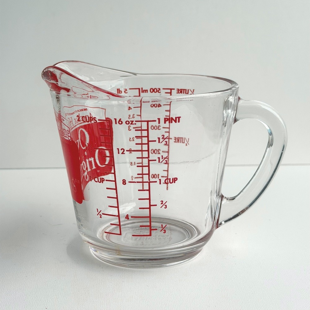 Vintage Anchor Hocking Measuring Cup 16oz Clear Glass Red Print Oven Originals